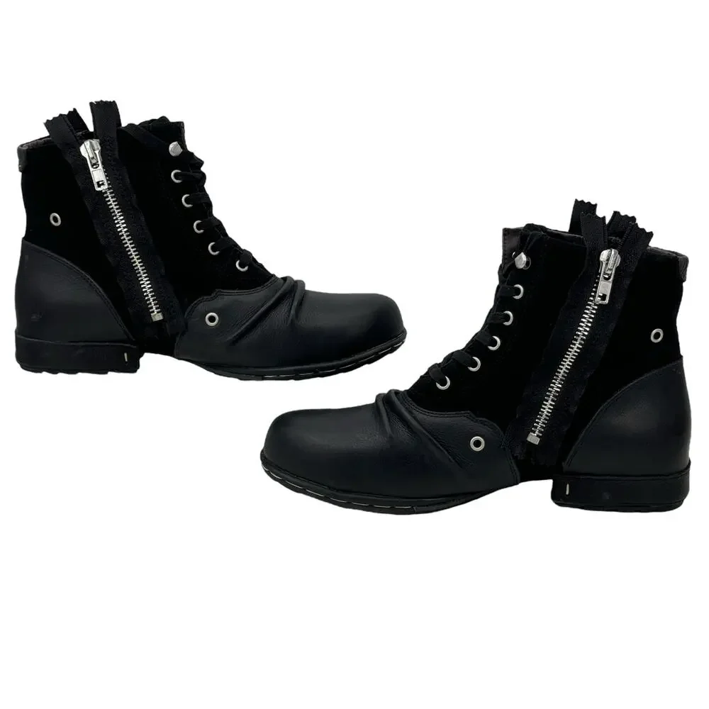OTTO ZONE Moto Leather Suede Boots Men's 10 Black Streetwear Double Zip Biker